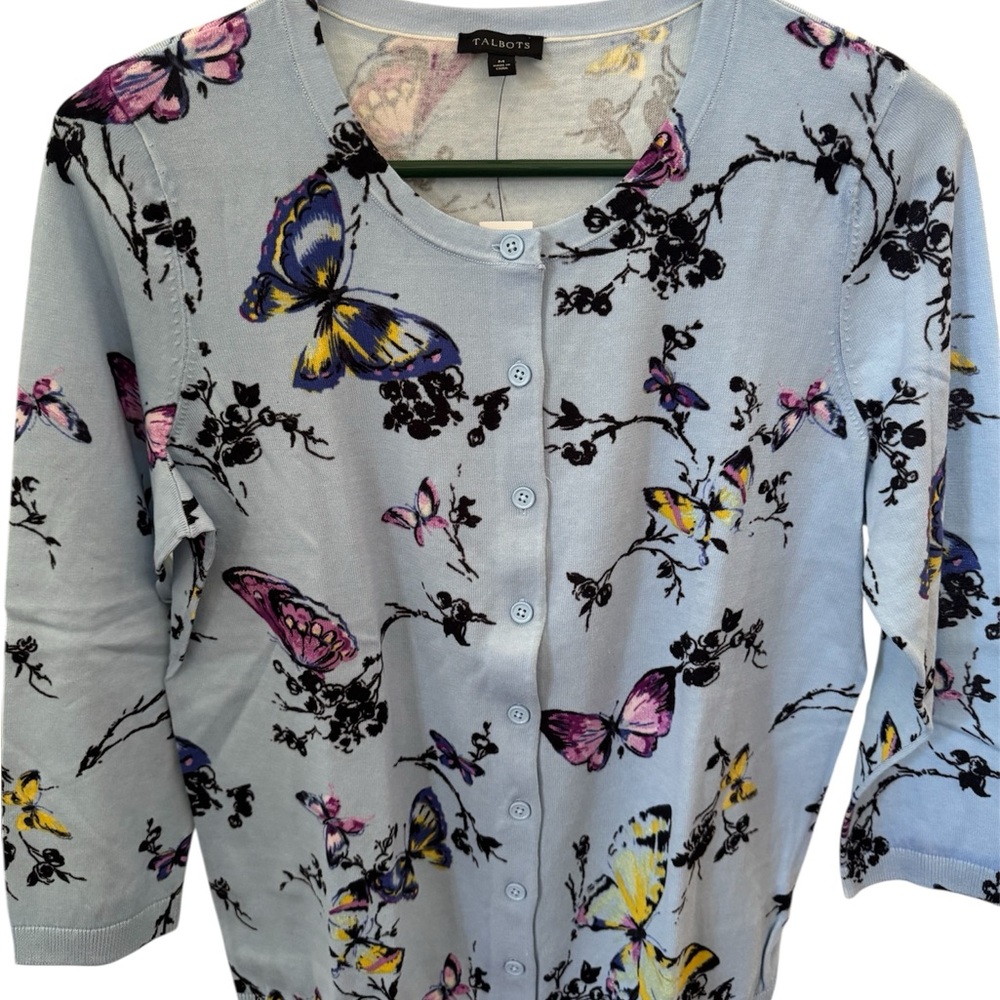 Talbots Pastel Blue Butterfly Print Cardigan